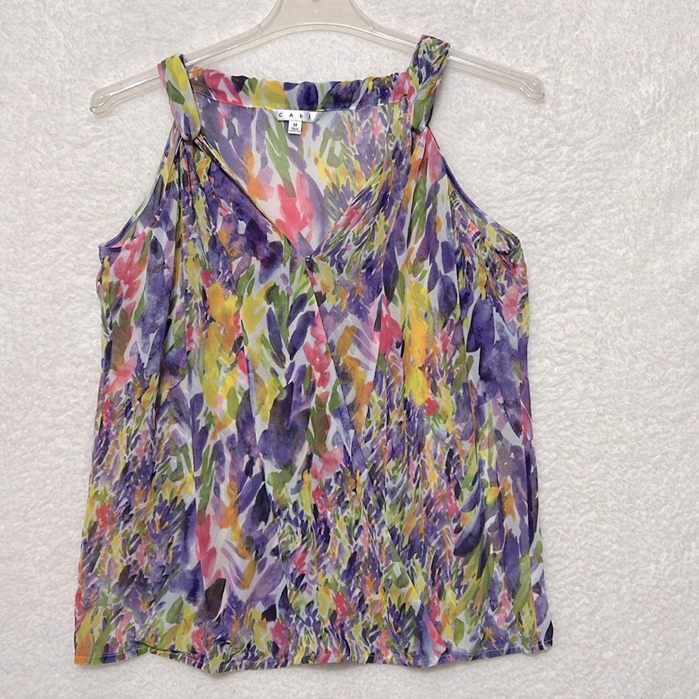 Cabi floral semi sheer watercolor print, sleeveless tank blouse, size medium